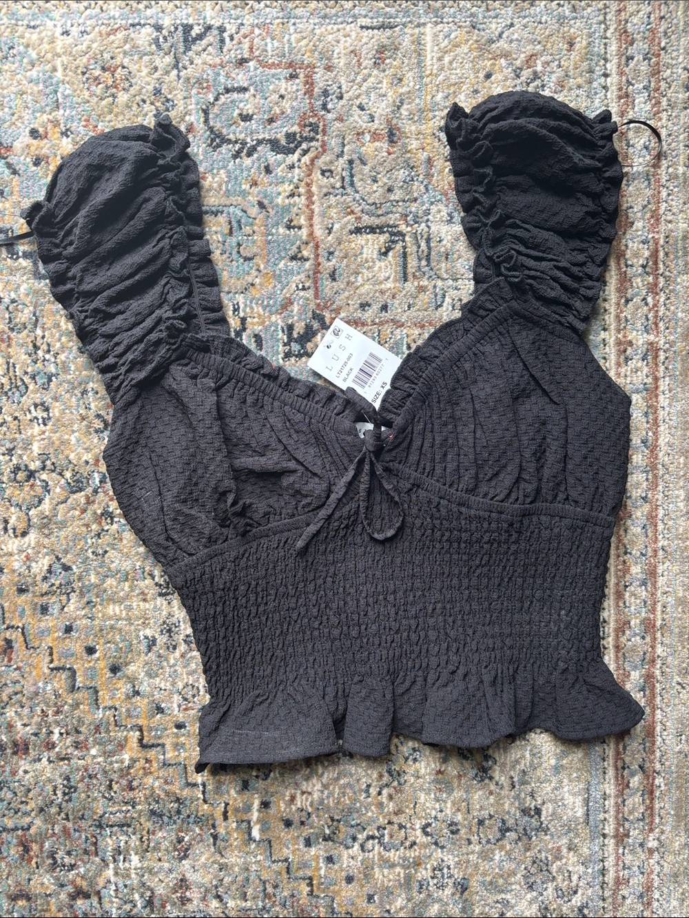 Lush Black Smocked Ruffle Tie-Front Crop Top
